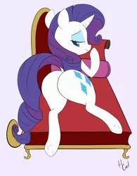 Size: 935x1200 | Tagged: suggestive, artist:hidden-cat, derpibooru import, rarity, pony, unicorn, fainting couch, female, looking back, plot, rearity, solo, solo female