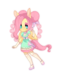 Size: 1000x1300 | Tagged: artist:kronilix, chibi, clothes, cute, derpibooru import, dress, eared humanization, evening gloves, fluttershy, gloves, human, humanized, looking at you, pony coloring, safe, shyabetes, smiling, solo, tailed humanization, winged humanization