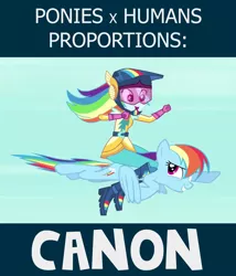 Size: 1026x1196 | Tagged: safe, derpibooru import, rainbow dash, pegasus, pony, equestria girls, friendship games, canon, double rainbow, duo, female, flying, friendship games bloopers, human ponidox, mare, proportion study, self ponidox, size comparison