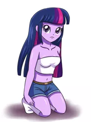 Size: 1024x1368 | Tagged: dead source, safe, artist:sumin6301, derpibooru import, twilight sparkle, twilight sparkle (alicorn), equestria girls, belly button, breasts, clothes, cute, female, kneeling, midriff, missing shoes, shorts, simple background, socks, solo, tube top