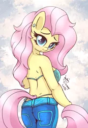 Size: 900x1300 | Tagged: anthro, artist:joakaha, ass, bikini, breasts, clothes, derpibooru import, female, flutterbutt, fluttershy, jeans, panties, pants, solo, solo female, suggestive, swimsuit, thong, thong swimsuit, underwear, wingless, wingless anthro