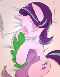 Size: 921x1181 | Tagged: artist:figgot, bed, colored, crossed legs, cuddling, cute, derpibooru import, edit, eyes closed, female, love, male, mood lighting, pillow, safe, shipping, snuggling, sparlight, spike, starlight glimmer, straight