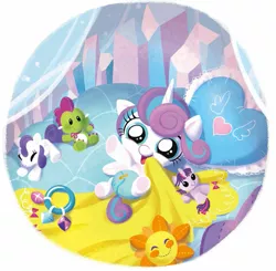 Size: 755x740 | Tagged: safe, artist:amy mebberson, derpibooru import, princess flurry heart, rarity, twilight sparkle, twilight sparkle (alicorn), alicorn, dragon, pony, good night baby flurry heart, baby, baby blanket, baby pony, bedtime, cloth diaper, cute, daaaaaaaaaaaw, diaper, flurrybetes, pink diaper, plushie, rarity plushie, safety pin, sun, toy, weapons-grade cute