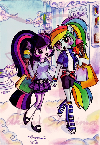 Size: 831x1200 | Tagged: safe, artist:shikimaakemi, derpibooru import, rainbow dash, twilight sparkle, anthro, bags, belt, bookstore, boots, clothes, cloudsdale, equestria girls outfit, female, ice cream, lesbian, mary janes, open mouth, pleated skirt, pony coloring, shipping, shoes, shopping, signature, skirt, sneakers, socks, twidash, watermark