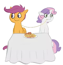 Size: 752x782 | Tagged: safe, artist:tempusfidgets, deleted from derpibooru, derpibooru import, apple bloom, scootaloo, sweetie belle, pegasus, pony, unicorn, cutie mark crusaders, female, food, lady and the tramp, lesbian, pasta, scootabelle, shipping, simple background, spaghetti, spaghetti scene, transparent background