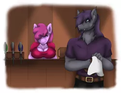 Size: 1352x1033 | Tagged: anthro, anthro oc, artist:jimjamdoodles, bar, berry punch, berryshine, big breasts, breasts, busty berry punch, cleaning, cleavage, derpibooru import, female, fimfiction.net link, grin, male, mare, mr101, oc, oc:ebony blade, pusspuss, safe, stallion, story