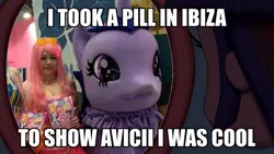 Size: 799x450 | Tagged: safe, derpibooru import, twilight sparkle, human, equestria girls, i took a pill in ibiza, image macro, irl, irl human, meme, mike posner, mirror, photo, song reference, twidayo