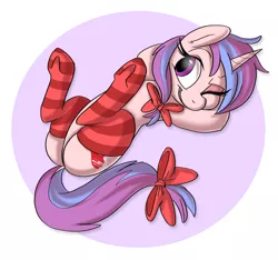 Size: 1113x1041 | Tagged: suggestive, artist:prettypinkpony, derpibooru import, oc, oc:hearts desire, unofficial characters only, pony, unicorn, armpits, bow, clothes, commission, dock, female, looking at you, on back, socks, solo, solo female, striped socks, tail bow, wink