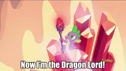 Size: 960x540 | Tagged: bloodstone scepter, derpibooru import, discovery family logo, dragon lord spike, edit, edited screencap, gauntlet of fire, image macro, meme, safe, screencap, solo, spike, text