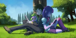 Size: 1024x518 | Tagged: safe, artist:raikoh, derpibooru import, spike, twilight sparkle, oc, oc:loyal wing, dog, equestria girls, back to back, book, clothes, reading, sitting, spike the dog, tree