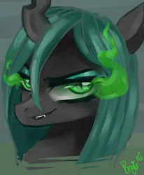 Size: 1000x1216 | Tagged: safe, artist:ponyix, derpibooru import, queen chrysalis, changeling, changeling queen, female, glowing eyes, smiling, solo