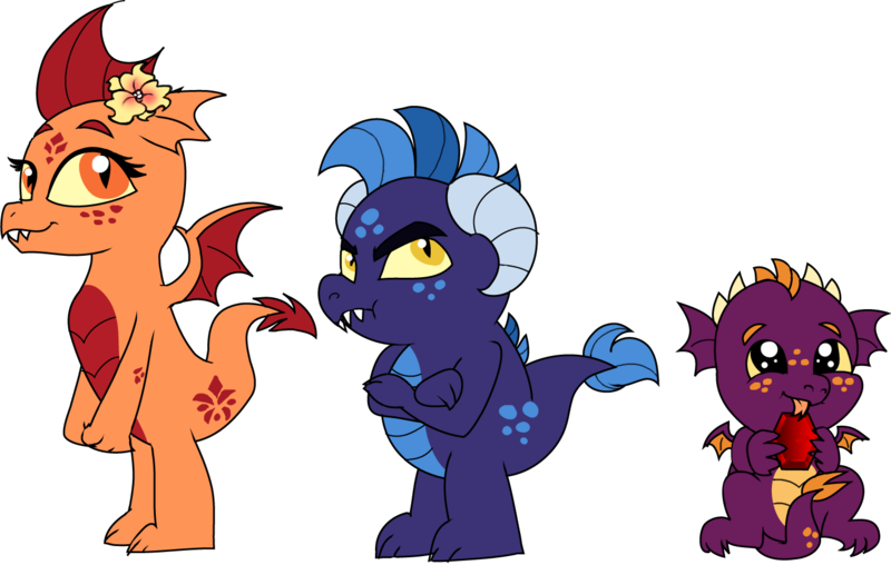 Size: 1413x897 | Tagged: safe, artist:purfectprincessgirl, derpibooru import, oc, oc:cinder, oc:hue, oc:sparx, unofficial characters only, dragon, dragoness, female, flower, implied garble, implied princess ember, male, offspring, parent:garble, parent:princess ember, parents:emble, simple background, transparent background