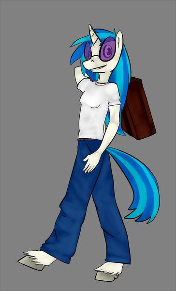 Size: 733x1209 | Tagged: safe, artist:tempusfidgets, deleted from derpibooru, derpibooru import, vinyl scratch, anthro, unguligrade anthro, aoko aozaki, glasses, melty blood, solo, suitcase, unshorn fetlocks