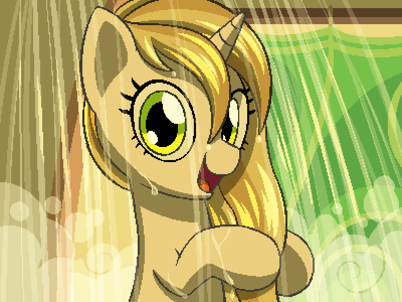 Size: 800x600 | Tagged: safe, artist:rangelost, banned from derpibooru, deleted from derpibooru, derpibooru import, sweet biscuit, pony, unicorn, cyoa:d20 pony, adorabiscuit, bust, cute, female, image, looking at you, mare, no nostrils, pixel art, png, shower, solo, wet, wet mane