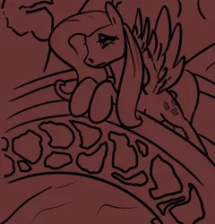 Size: 1112x1158 | Tagged: safe, artist:tempusfidgets, deleted from derpibooru, derpibooru import, fluttershy, pegasus, pony, bridge, monochrome, reflective, sad, solo