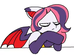 Size: 655x491 | Tagged: artist needed, safe, derpibooru import, oc, oc:arrhythmia, unofficial characters only, bat pony, pony, clothes, solo, stockings, unamused