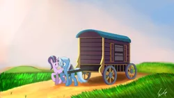 Size: 4800x2700 | Tagged: safe, artist:egstudios93, derpibooru import, starlight glimmer, trixie, pony, unicorn, no second prances, absurd resolution, caravan, female, hilarious in hindsight, lesbian, mare, shipping, startrix, trixie's wagon, wagon