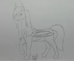 Size: 3041x2505 | Tagged: safe, artist:gabriel-titanfeather, derpibooru import, oc, oc:shayne, unofficial characters only, bat pony, pony, ear fluff, female, mare, monochrome, pencil, pencil drawing, scar, scarred, smiling, solo, torn ear, traditional art