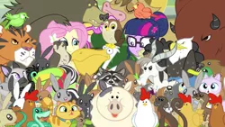 Size: 1280x720 | Tagged: safe, derpibooru import, screencap, angel bunny, bessie, constance, derp cat, fluttershy, harry, sci-twi, twilight sparkle, bald eagle, bat, bear, beaver, big cat, bird, buffalo, cat, chicken, chipmunk, cow, dog, duck, eagle, falcon, flamingo, goat, keel-billed toucan, mallard, monkey, mouse, otter, owl, pelican, pig, rabbit, raccoon, sheep, skunk, snake, squirrel, tiger, toucan, equestria girls, friendship games, animal portal, blooper, friendship games bloopers, peregrine falcon