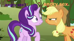 Size: 880x492 | Tagged: suggestive, derpibooru import, edit, edited screencap, screencap, applejack, starlight glimmer, no second prances, angry, angry sex, caption, discovery family logo, female, glimmerjack, image macro, imminent sex, implied sex, lesbian, meme, needs more jpeg