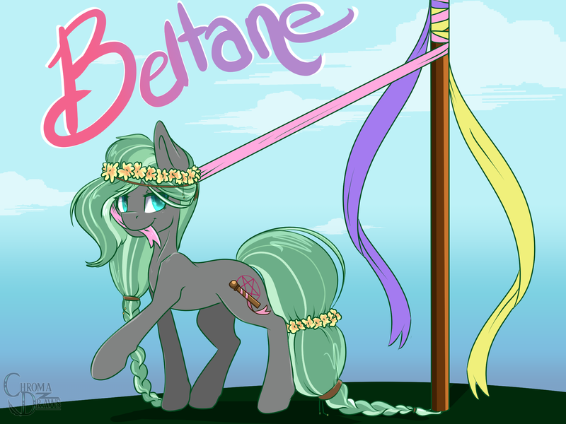 Size: 2000x1500 | Tagged: artist:chromadraws, cloud, derpibooru import, floral head wreath, looking at you, maypole, oc, oc:beltane, safe, simple background, smiling, unofficial characters only