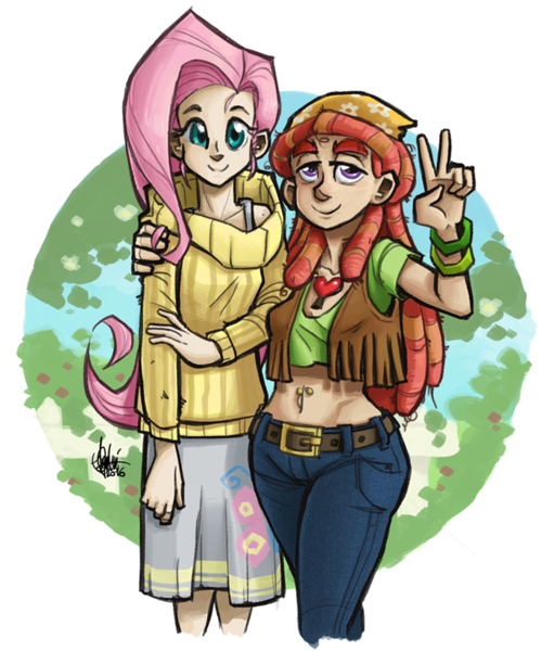 Size: 700x822 | Tagged: artist:theartrix, clothes, derpibooru import, fluttershy, human, humanized, jeans, midriff, pants, peace sign, safe, skirt, sweater, sweatershy, tree hugger, turtleneck, vest