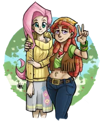 Size: 700x822 | Tagged: artist:theartrix, clothes, derpibooru import, fluttershy, human, humanized, jeans, midriff, pants, peace sign, safe, skirt, sweater, sweatershy, tree hugger, turtleneck, vest