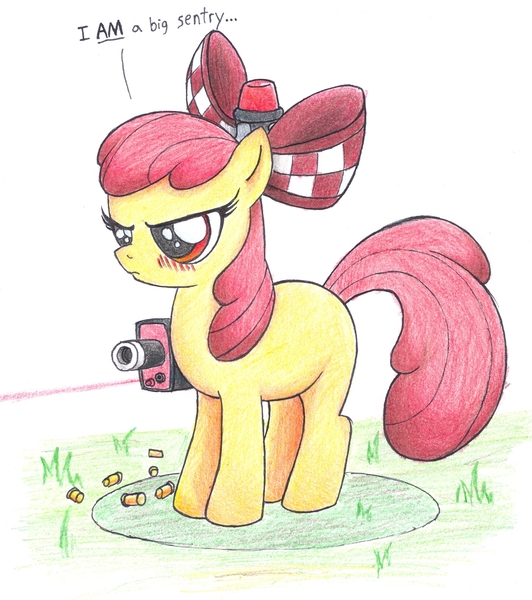 Size: 1404x1583 | Tagged: dead source, safe, artist:blackhammer-0001, derpibooru import, apple bloom, earth pony, pony, adorabloom, annoyed, blushing, bullet, crossover, cute, dialogue, female, filly, mini-sentry gun, scowl, sentry gun, solo, speech bubble, team fortress 2, traditional art, wat