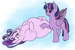 Size: 2824x1877 | Tagged: safe, artist:floots, derpibooru import, starlight glimmer, twilight sparkle, twilight sparkle (alicorn), alicorn, pony, unicorn, blushing, cheek fluff, chubby, colored pupils, cute, double chin, duo, duo female, ear fluff, fat, female, fluffy, glimmerbetes, lying down, mare, obese, on back, poking, pudgy, shoulder fluff, starlard glimmer, twilight is not amused, unamused, wing fluff