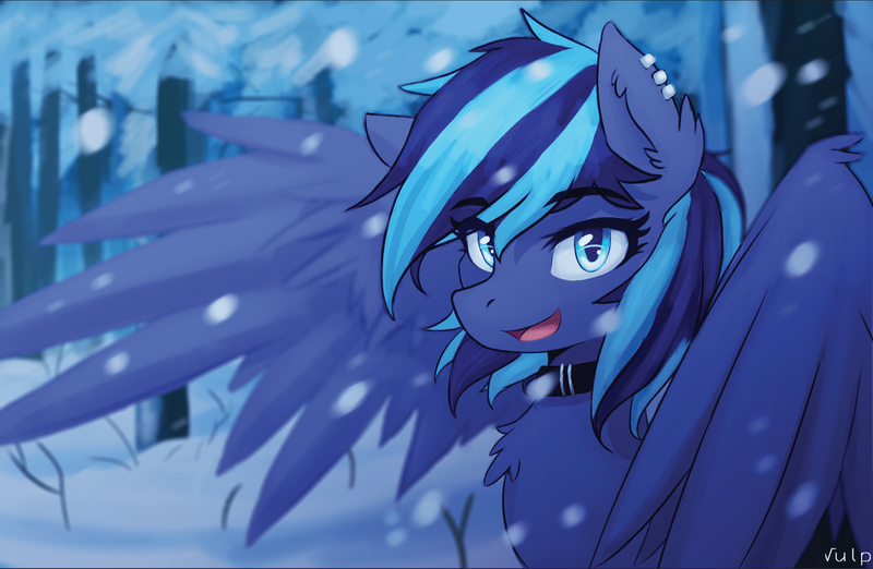 Size: 1964x1282 | Tagged: safe, artist:vulpessentia, derpibooru import, oc, unofficial characters only, pegasus, pony, chest fluff, collar, ear fluff, ear piercing, female, looking at you, mare, open mouth, piercing, smiling, snow, snowfall, solo, spread wings, tree, wings, winter