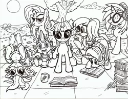 Size: 2193x1695 | Tagged: safe, artist:artponymdp, derpibooru import, derpy hooves, rainbow dash, spike, starlight glimmer, trixie, twilight sparkle, twilight sparkle (alicorn), vinyl scratch, alicorn, pony, book, eating, female, food, lineart, mare, monochrome, muffin, picnic