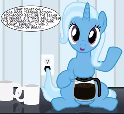 Size: 3024x2776 | Tagged: safe, artist:badumsquish, derpibooru import, trixie, ponified, coffee maker pony, object pony, original species, pony, badumsquish strikes again, coffee, coffee machine, counter, dialogue, female, goddammit kraus, looking at you, mug, sitting, smiling, solo, species swap, talking to viewer, the more you know, us plug, wall socket, wat