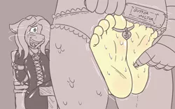 Size: 1280x800 | Tagged: suggestive, artist:caroo, derpibooru import, discord, fluttershy, anthro, plantigrade anthro, ballgag, barefoot, bdsm, bondage, brush, butterscotch, crying, discoshy, eris, eriscotch, feet, female, fetish, foot fetish, gag, hairbrush, laughing, male, male feet, pet tag, rule 63, shipping, sketch, soles, straight, sweat, tears of laughter, tickle fetish, tickle torture, tickling, toe tied, toes, torture