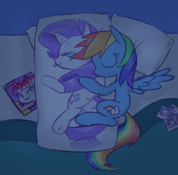 Size: 935x916 | Tagged: safe, artist:raridashdoodles, derpibooru import, rainbow dash, rarity, pegasus, pony, unicorn, bed, body pillow, cute, dashabetes, eyes closed, female, lesbian, raridash, shipping, sleeping, smiling, solo, tongue out