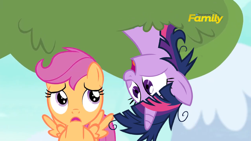 Size: 1280x720 | Tagged: safe, derpibooru import, edit, edited screencap, screencap, scootaloo, twilight sparkle, newbie dash, discovery family logo, twilight snapple