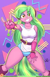 Size: 825x1275 | Tagged: suggestive, artist:nekocrispy, derpibooru import, lemon zest, ponified, anthro, equestria girls, friendship games, '90s, 80s, armpits, big breasts, blue underwear, bracelet, breasts, busty lemon zest, clothes, devil horn (gesture), equestria girls ponified, female, fingerless gloves, gloves, leotard, looking at you, panties, patreon, patreon logo, retro, snout, solo, solo female, spiked wristband, thunder thighs, underwear