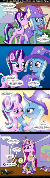 Size: 536x1920 | Tagged: suggestive, artist:deusexequus, derpibooru import, princess cadance, princess celestia, queen chrysalis, shining armor, starlight glimmer, trixie, twilight sparkle, pony, unicorn, comic, female, implied cunnilingus, implied oral, implied sex, implied twilestia, lesbian, mare, princess of love, princess of shipping, sexual proxy voodoo, shipper on deck, shipping, startrix, twilestia, voodoo, voodoo doll