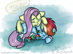 Size: 778x583 | Tagged: artist:amandaam, clothes, crying, dashie slippers, derpibooru import, fluttershy, hug, rainbow dash, safe, tank, tanks for the memories