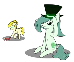 Size: 1200x1000 | Tagged: semi-grimdark, alternate version, artist:680p, derpibooru import, oc, oc:emerald jewel, oc:treads, oc:uncle lucky, earth pony, pony, colt quest, adult, alternate timeline, alternate universe, bad end, bags under eyes, brainwashing, child, color, crossover, cutie mark, cyoa:colorblind, cyoa:galloping steel, doll, evil, evil grin, female, filly, glowing eyes, hair over one eye, hat, kidnapped, magic, male, mind control, pimp, pimp hat, ponytail, sex slave, stallion, tail wrap, toy