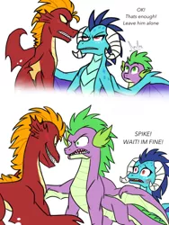 Size: 1536x2048 | Tagged: angry, artist:tamersworld, blushing, comic, derpibooru import, dragon, emberspike, female, garble, gauntlet of fire, implied shipping, male, older, older spike, princess ember, protecting, rivalry, safe, shipping, spike, straight, winged spike, wings