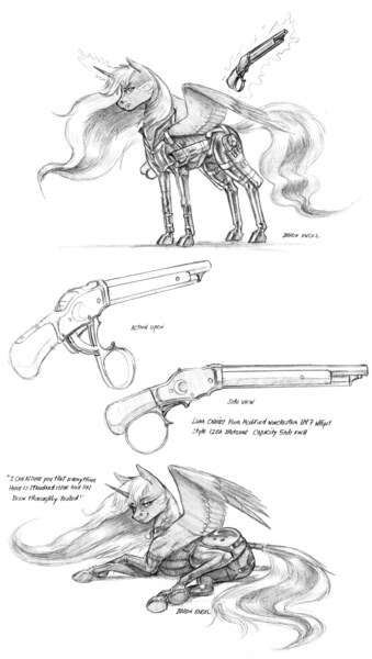 Size: 1100x1948 | Tagged: artist:baron engel, bedroom eyes, clothes, collar, deep six, derpibooru import, garters, gun, lingerie, m1887, monochrome, pencil drawing, plot, princess luna, scar, shotgun, sneaking suit, stockings, suggestive, tail wrap, telekinesis, traditional art, weapon