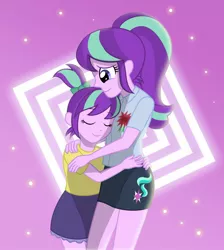 Size: 1024x1143 | Tagged: safe, artist:sumin6301, derpibooru import, starlight glimmer, equestria girls, adopted offspring, clothes, cute, double the glimmer, duality, equestria girls-ified, eyes closed, glimmerbetes, glimmerdoption, hug, mama starlight, miniskirt, pigtails, ponytail, self adoption, self paradox, skirt, time paradox, younger