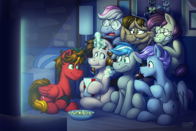 Size: 1277x851 | Tagged: artist:bcpony, commission, derpibooru import, food, movie, oc, oc:ambiguity, oc:cloud zapper, oc:jannie daze, oc:marker pace, oc:ponder cloud, oc:windy dripper, oc:yoshi ringo, popcorn, safe, scared, unofficial characters only, wing hands