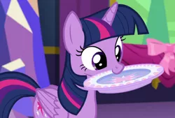 Size: 1248x843 | Tagged: safe, derpibooru import, screencap, twilight sparkle, twilight sparkle (alicorn), alicorn, pony, no second prances, cute, female, looking down, mare, mouth hold, nom, plate, proper silverware placement, smiling, solo, twiabetes