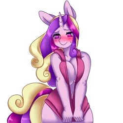 Size: 1500x1500 | Tagged: suggestive, artist:kronilix, derpibooru import, princess cadance, anthro, absolute cleavage, arm boob squeeze, belly button, big breasts, blushing, breasts, busty princess cadance, cleavage, embarrassed, female, heart eyes, milf, no bra underneath, simple background, solo, solo female, transparent background, wingding eyes