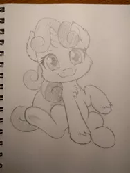 Size: 960x1280 | Tagged: artist:dstears, cheek fluff, chest fluff, cute, derpibooru import, diasweetes, ear fluff, fluffy, looking at you, monochrome, pencil drawing, safe, sketch, sketchbook, solo, sweetie belle, traditional art, unshorn fetlocks