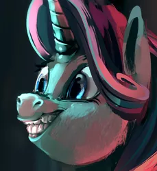 Size: 576x628 | Tagged: artist:alumx, bust, creepy, derpibooru import, flehmen response, portrait, safe, smiling, solo, starlight glimmer