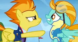 Size: 853x469 | Tagged: derpibooru import, expelled, fired, floppy ears, lightning dust, lip bite, nose wrinkle, pointing, safe, screencap, spitfire, wonderbolts academy