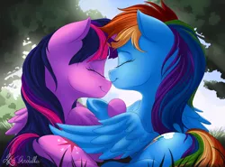 Size: 2700x2000 | Tagged: safe, artist:nobody47, derpibooru import, rainbow dash, twilight sparkle, twilight sparkle (alicorn), alicorn, pony, cute, dashabetes, eyes closed, female, hoof hold, lesbian, mare, nose kiss, nuzzling, plot, shipping, twiabetes, twidash, underhoof