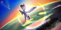 Size: 1440x720 | Tagged: safe, artist:starfall-spark, derpibooru import, oc, unofficial characters only, pegasus, pony, city, horizon, lens flare, requested art, sky, skydive, solo, sunset, vertigo